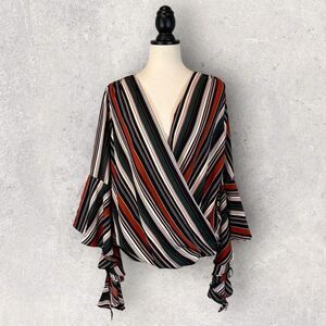 Gilli Striped V-Neck Wrap Blouse Long Flared Bell Sleeve, Size M